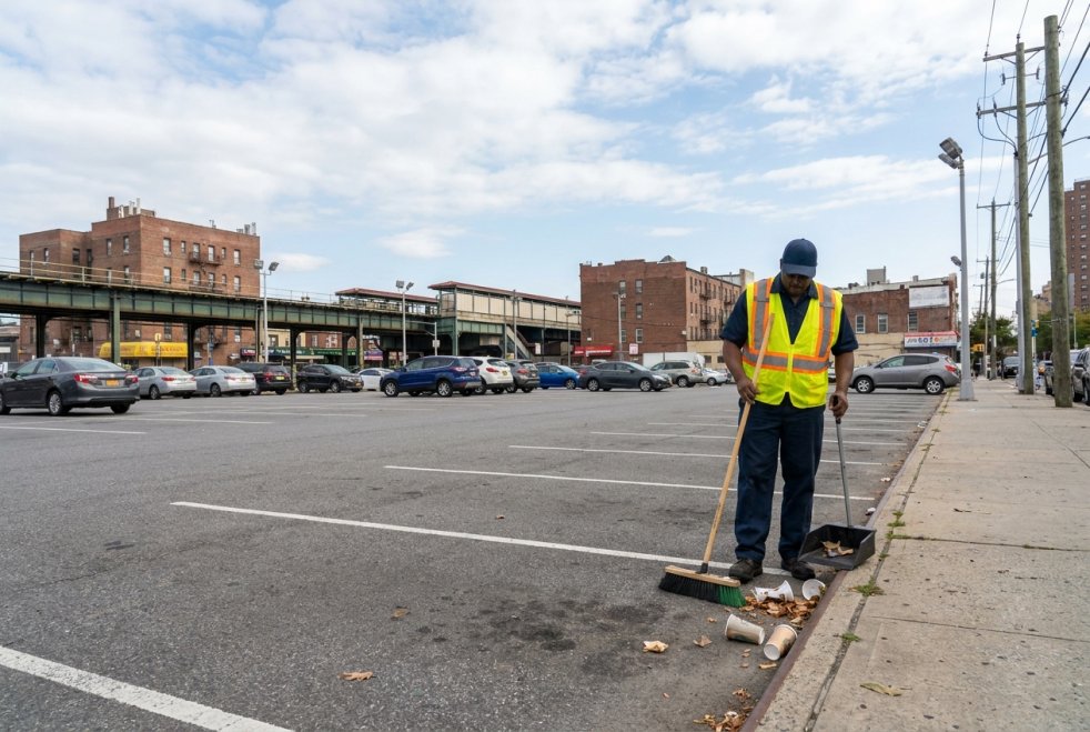 Contractor sweeping debris in a parking lot in Jamaica, Queens, New York